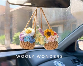 Crochet Flower Pot Car Charm: Spring Mix Rearview Mirror Decor