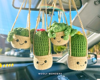 Crochet Succulent Car Charm: Handmade Cactus Rear View Mirror Decor