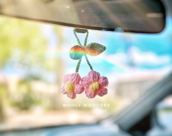Crochet Pink Flower Car Accessory: Plush Keychain, Car Plant Decor