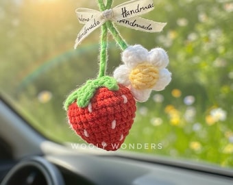 Crochet Strawberry Car Charm: Handmade Rearview Mirror Hanging