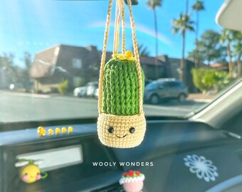 Crochet Succulent Car Charm: Handmade Cactus Rear View Mirror Accessory