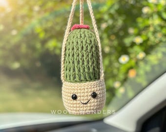 Crochet Cactus Car Charm: Boho Rearview Mirror Hanging Plant Decor