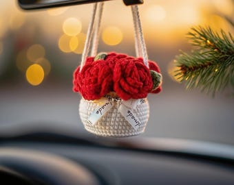 Crochet Red Rose Car Charm: Handmade Hanging Plant