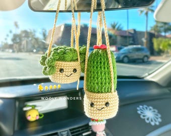 Crochet Succulent Car Charm: Handmade Cactus Rear View Mirror Decor
