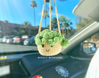 Crochet Succulent Car Charm: Handmade Rear View Mirror Decor