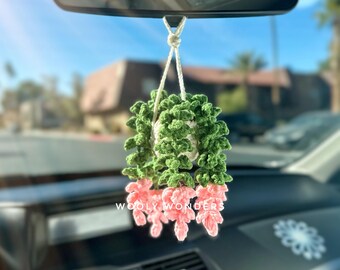 Handmade Crochet Plant Car Charm: Pink Hanging Vines Rear View Mirror Decor