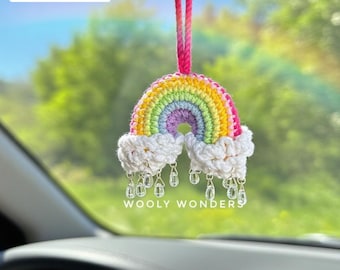 Crochet Rainbow Car Charm: Boho Rearview Mirror Hanger