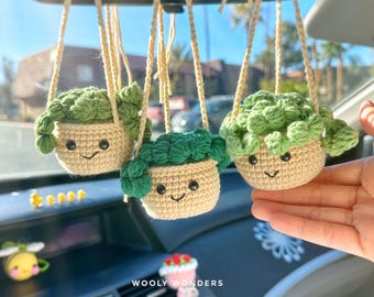Crochet Succulent Car Charm: Handmade Rear View Mirror Decor
