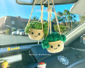 Crochet Succulent Car Charm: Handmade Cactus Rear View Mirror Accessory