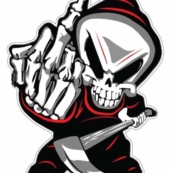 Provocative and Edgy Grim Reaper Showing Middle Finger vinyl sticker, decal label for car van truck bumper window, laptop, PS4, cellphone et