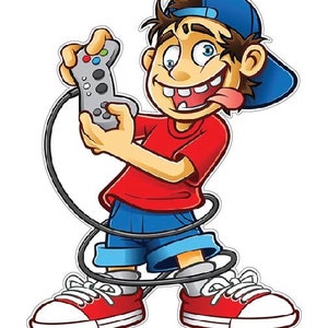 May include: Cartoon illustration of a boy wearing a blue cap, red shirt, and blue shorts, holding a gray video game controller. The boy has a wide grin and his tongue is sticking out. He is wearing red and white sneakers.