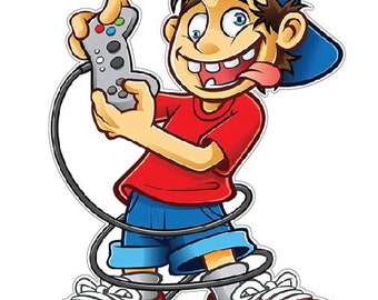Crazy Game Boy Young Gaming Geek Playing PlayStation Video Game Funny Cartoon Virtual Gamer World vinyl sticker printed decal /label /poster