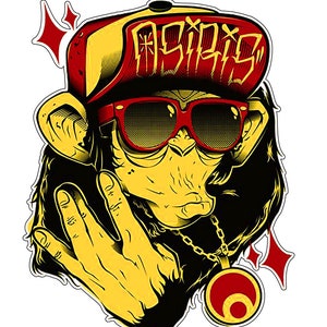 May include: A stylized illustration of a monkey wearing a red and yellow baseball cap with the word "ASISIS" and red sunglasses. The monkey is also wearing a gold chain with a pendant and is making a hand gesture.