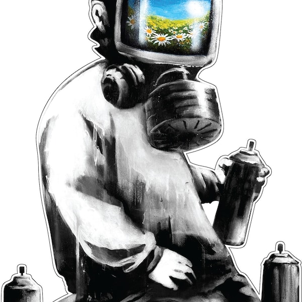 Banksy Colorful Gas Mask Boy Grafitti Spraypaint Vinyl Sticker / printed vinyl decal for car van truck bumper, window, laptop, cellphone etc