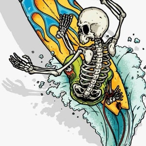 May include: Illustration of a skeleton surfing on a surfboard. The surfboard is blue with yellow flames and a skull design. The skeleton is riding a wave, with a green and red design on its chest.
