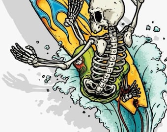 Skeleton Surfer Death Rider Wave Point Break Summer Fun Time vinyl sticker decal for car van truck bumper, window, laptop, PS4, cellphone et