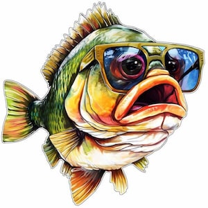 Grote mond kleurrijke baars vis sport kunst stijlvolle bril visseizoen ontwerp cartoon stijl vinyl sticker, gedrukte sticker, label, poster etc.