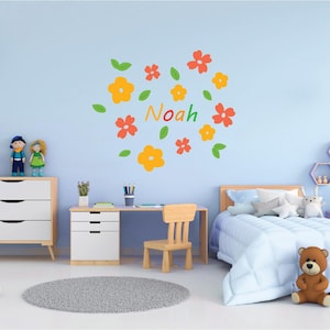 Stickers muraux nom personnalisé fleurs et feuilles, chambre de filles, art magnifique, autocollant unique 20 pièces, papier peint, impression amovible mignonne