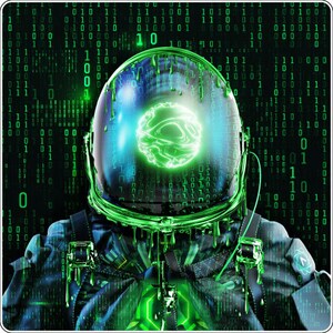Op de afbeelding: Digitale kunst van een astronaut in een futuristisch pak, met een gloeiende groene bol in de helm. De helm en het pak hebben groene accenten, tegen een binaire code achtergrond, wat een sci-fi thema creëert.