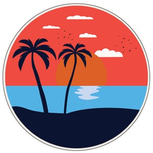 May include: A circular graphic featuring a sunset scene. Two black palm trees stand on a dark blue landmass, with a blue ocean and orange sun. The sky is red with white clouds and small black birds.