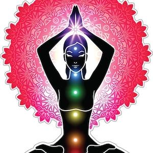 7 Chakra Namaste Meditação Yoga Girl Balance Mantra Aura Art Adesivo de vinil/decalque impresso para pára-choque de carro, janela, laptop, PS4, parede, etc.
