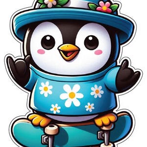 Cute Happy Penguin On Skateboard Wearing Blue Shirt With Flower Summer Skating / Animal Lover Cartoon Character vinyl sticker printed decal
