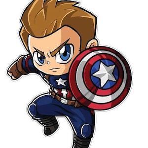 Captain America Chibi mignon attaquant avec un bouclier étoilé avec un super-héros emblématique féroce Avenger/autocollant/autocollant en vinyle de personnage de dessin animé Kawaii
