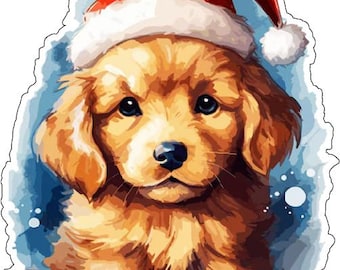 Lab Puppy With Christmas Hat / Holiday Seasonal Gift Golden Retriever Dog vinyl sticker / printed decal / label / autocollant / wall poster