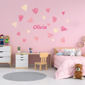 Stickers muraux coeurs roses personnalisés, chambre de filles, oeuvre d'art magnifique, autocollant unique 20 pièces, papier peint, fille, impression amovible mignonne