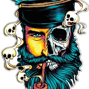 Puede incluir: Ilustración colorida de un hombre barbudo con gorro de capitán, fumando en pipa. La cara del hombre está dividida, un lado es una calavera. Humo con forma de calaveras sale de la pipa.
