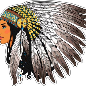 Ragazza carina tribale nativa americana con adesivo in vinile copricapo / decalcomania stampata per paraurti, finestra, laptop, PS4, cellulare, ecc.