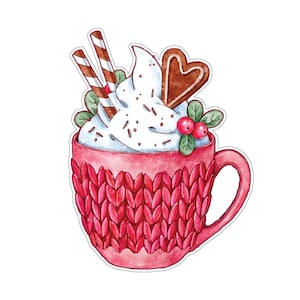 May include: A watercolour illustration of a festive mug of hot chocolate. The pink mug has a knitted design. It is topped with whipped cream, chocolate sprinkles, a heart-shaped gingerbread biscuit, and two chocolate wafer sticks. Red berries and green leaves add a holiday touch.