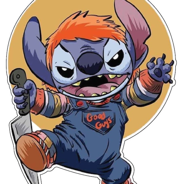 Stitch in Chucky Costume Good Guys Holding Big Scary Knife vinyl sticker decal for car van truck bumper, window, laptop, PS4, cellphone ets