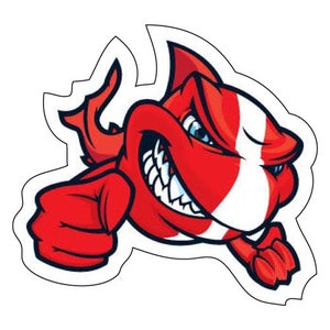 May include: A red and white cartoon shark sticker with a menacing grin and blue eyes. The shark is in a dynamic pose, with a fist raised and a determined expression. The design features bold lines and a white outline.