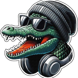 DJ Alligator mit stilvoller Beanie-Mütze und Kopfhörer lächelndes Krokodil-Tier / Kunst-Witz / Vinyl-Aufkleber für Laptop, Auto-Stoßstange, Helm