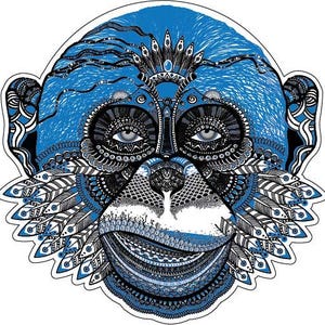 Blue Chama Monkey Mystic Tribal Mask Feathered Ancestor Jungle Civilization Ape Chimpanzee Symbol Wisdom Art Vinyl Sticker / Decal