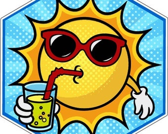 Sun With Sunglasses Drinking Lemonade Hexagon Blue Sky Pop Art Culture Style Solar Eclipse April 8 2024 vinyl sticker / printed vinyl decal