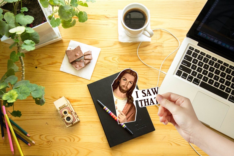 Jesus I Saw That /Buddy Christ Meme Art vinyl sticker /printed decal /label /poster for car van truck bumper, window, laptop, PS4, cellphone image 4