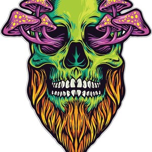 Griezelige groene schedel met giftige paddenstoelen in ooggaten magische schimmel baard donkere kunst vinyl sticker/gedrukte sticker/label/autocollant/poster