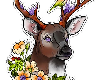 Beautiful Deer With A Bird And Flowers vinyl sticker printed vinyl decal