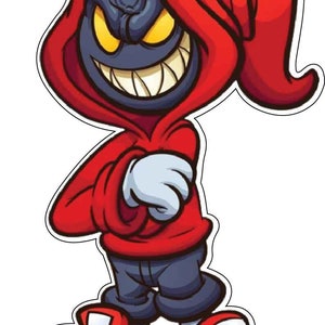 May include: Cartoon illustration of a character in a red hoodie, blue trousers, and red trainers. The character has a dark blue face with yellow eyes and a wide, toothy grin. The character is standing with arms crossed.
