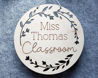 Teacher's Classroom Plaque Gift - Personalised Teacher Wooden Floral Cut Out Classroom School Door Sign, Custom Thank You Present