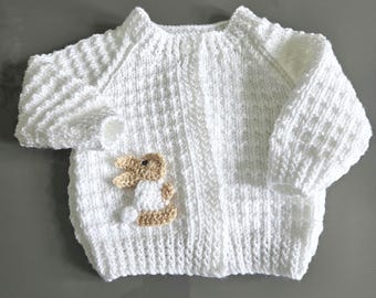 Beautiful, hand knitted, soft and cosy baby cardigan in white with a choice of appliqué colours, from birth to 3 months (approx).