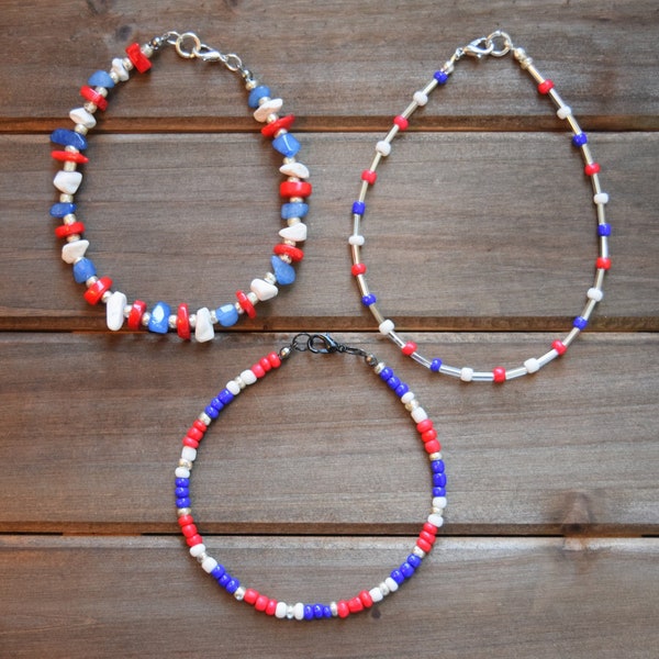 Americana Jewelry, Ankle Bracelets - Red, White, and Blue Anklets,  July 4th Anklets, Patriotic Jewelry