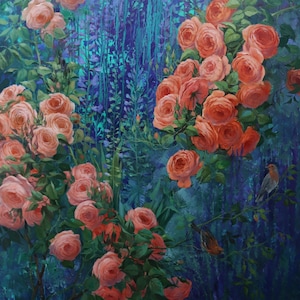 May include: An oil painting depicting a lush garden scene with numerous vibrant peach-colored roses in full bloom. The flowers are set against a deep, moody background of dark blue and purple foliage, with two small birds perched on thin branches.