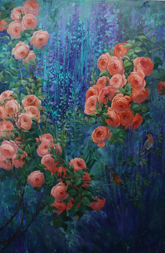 Sonnenuntergang Originales Ölgemälde auf Leinwand Apricot Rosen 120x80x2cm Rose Malerei  Art Deco