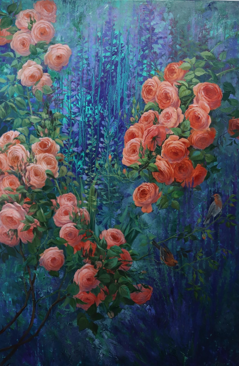 May include: An oil painting depicting a lush garden scene with numerous vibrant peach-colored roses in full bloom. The flowers are set against a deep, moody background of dark blue and purple foliage, with two small birds perched on thin branches.