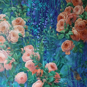 May include: An oil painting featuring numerous soft peach-colored roses with green leaves set against a deep blue and teal background. The composition includes vertical floral stalks and a small bird perched on a branch in the lower right corner.