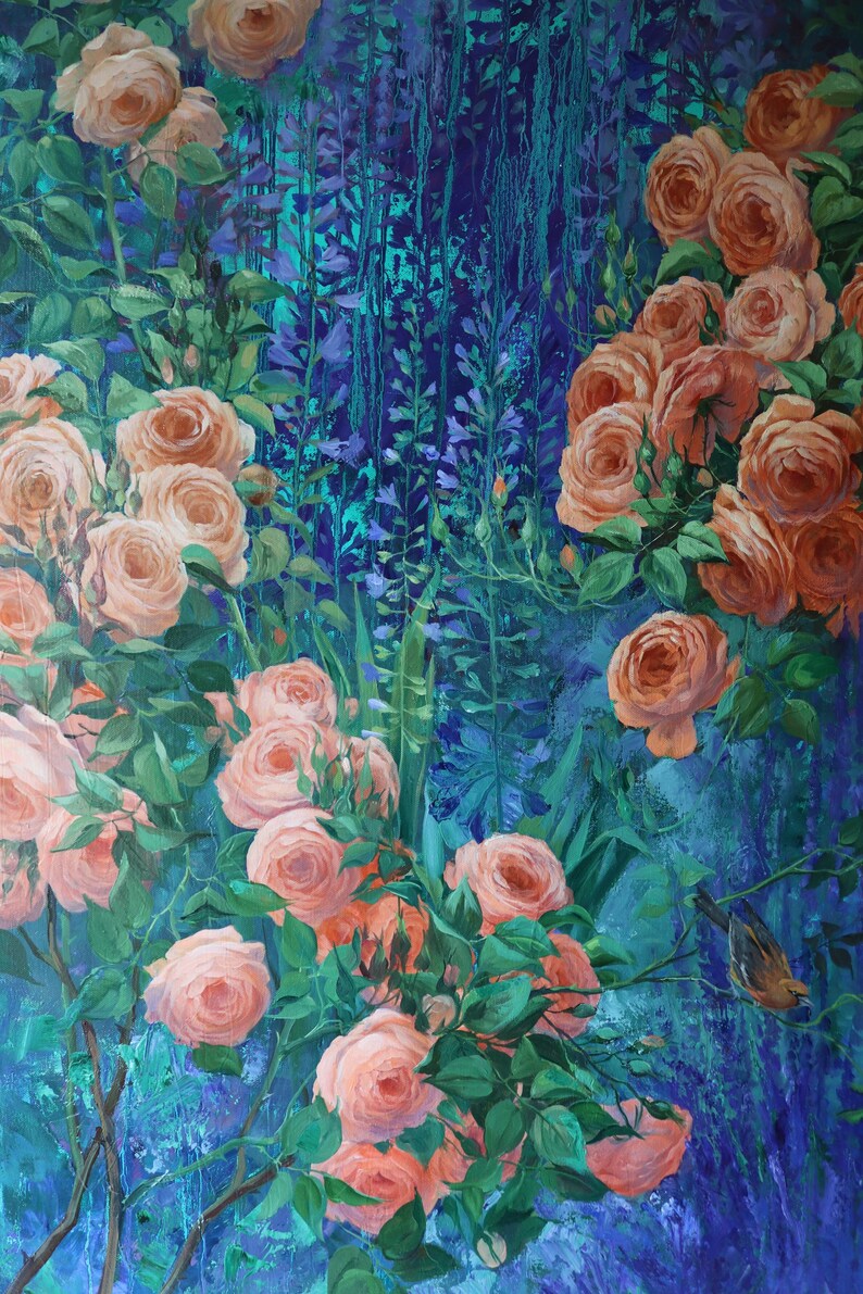 May include: An oil painting featuring numerous soft peach-colored roses with green leaves set against a deep blue and teal background. The composition includes vertical floral stalks and a small bird perched on a branch in the lower right corner.
