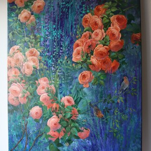 May include: An oil painting on canvas featuring clusters of vibrant peach-colored roses with green leaves set against a deep blue and purple textured background. Two small birds are perched on thin branches among the flowers in the lower right.